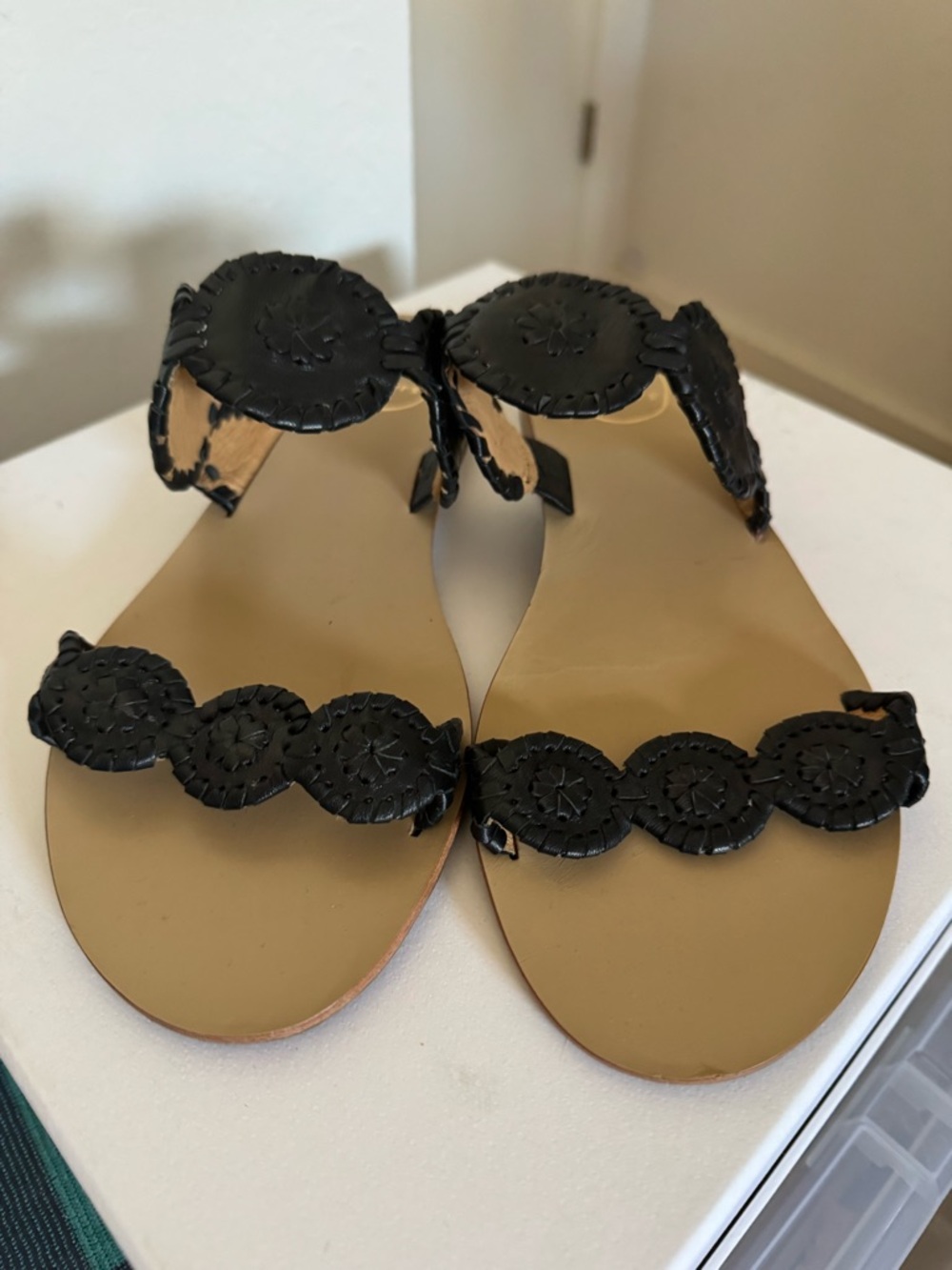 Jack Rogers Black Leather Circle-Plate Slide Sandals